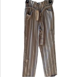 Thread & Supply Women's High Rise Stripes Paperbag Tie-Waist Pants Tan & White
